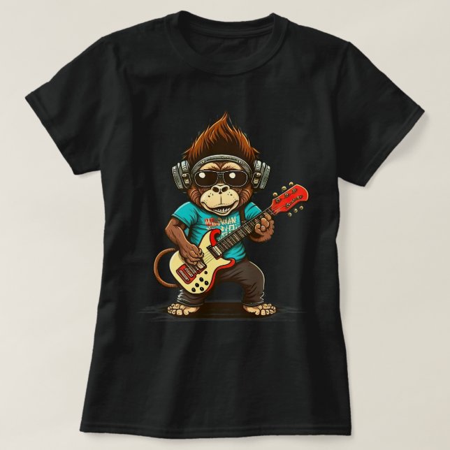 Camiseta Macaco Chimpanzé Tocando Violão Acústico (Frente do Design)