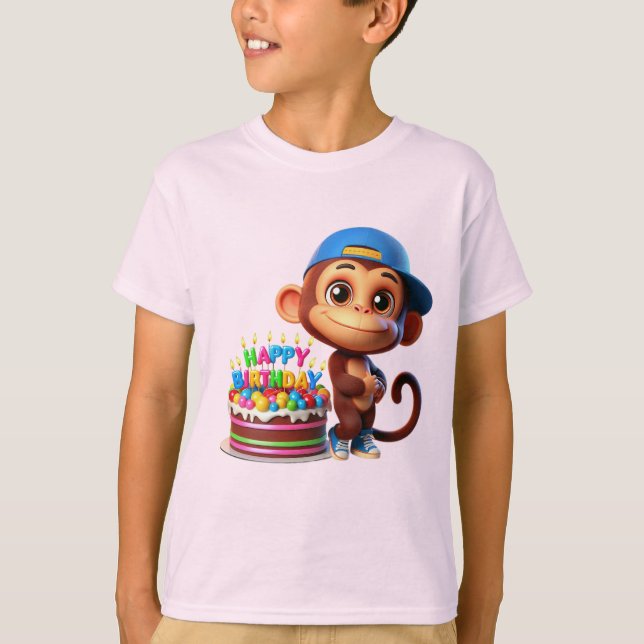 Camiseta Macaco com Boné de Beisebol e um Bolo, Feliz Anive (Frente)