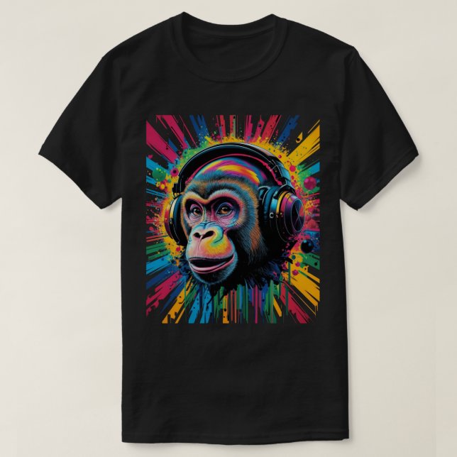 Camiseta Macaco com Fones de ouvido Abertura de Tinta Vibra (Frente do Design)