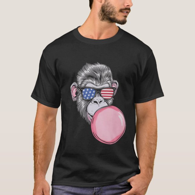 Camiseta Macaco Com Óculos De Sol Da Bandeira Americana Pre (Frente)