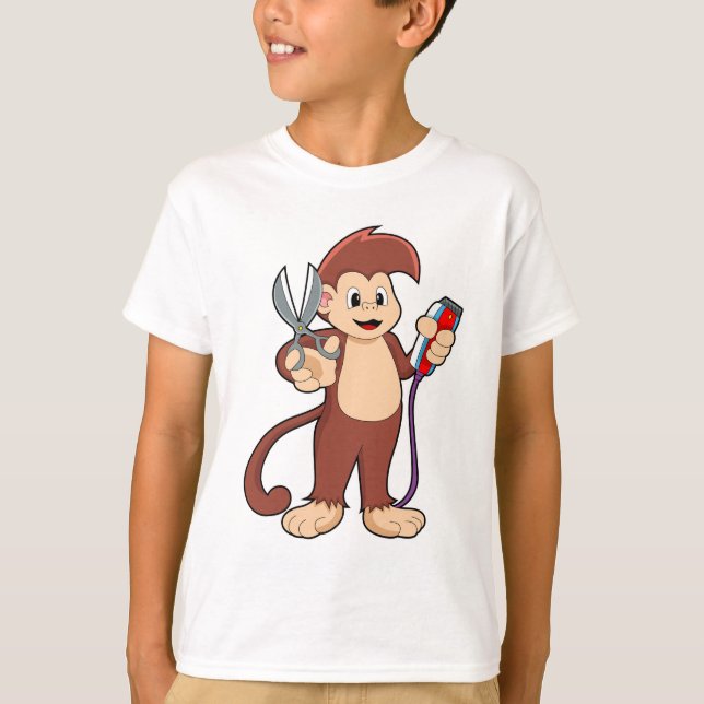 Camiseta Macaco como cabeleireiro com tesoura e Razor (Frente)