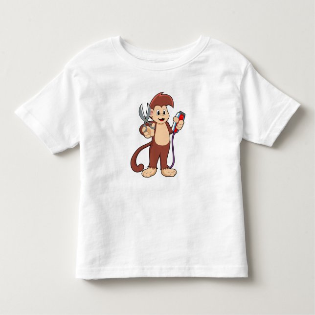 Camiseta Macaco como cabeleireiro com tesoura e Razor (Frente)