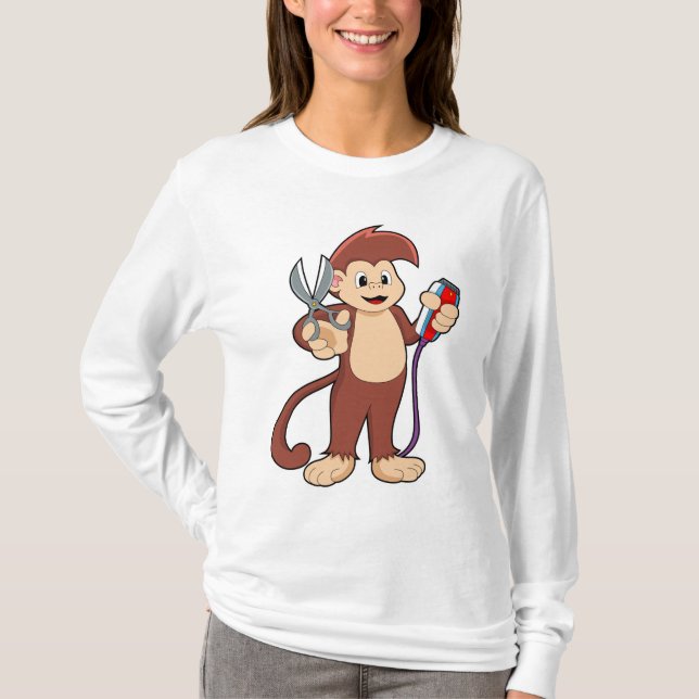 Camiseta Macaco como cabeleireiro com tesoura e Razor (Frente)