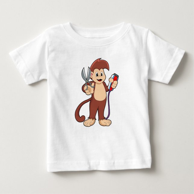Camiseta Macaco como cabeleireiro com tesoura e Razor (Frente)