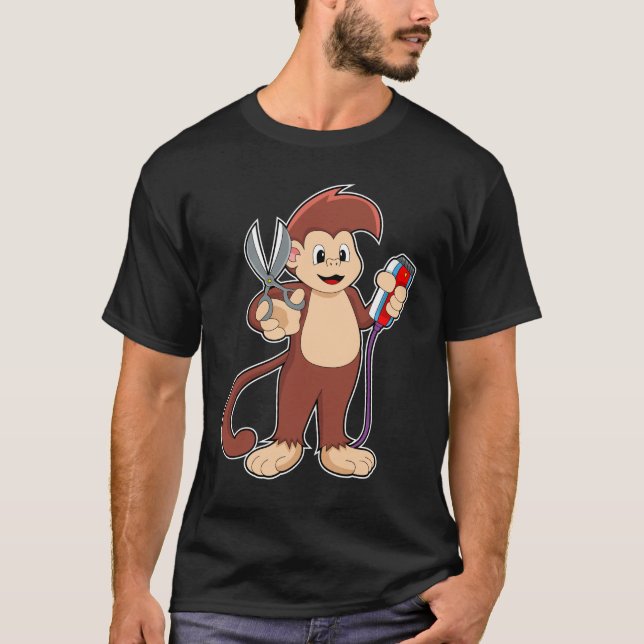 Camiseta Macaco como cabeleireiro com tesoura e Razor (Frente)