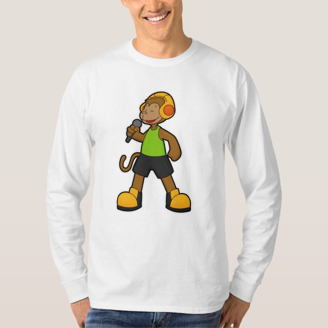 Camiseta Macaco como cantor com microfone e fone de ouvido (Frente)