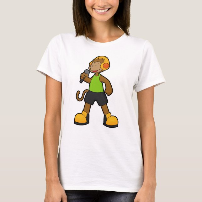 Camiseta Macaco como cantor com microfone e fone de ouvido (Frente)