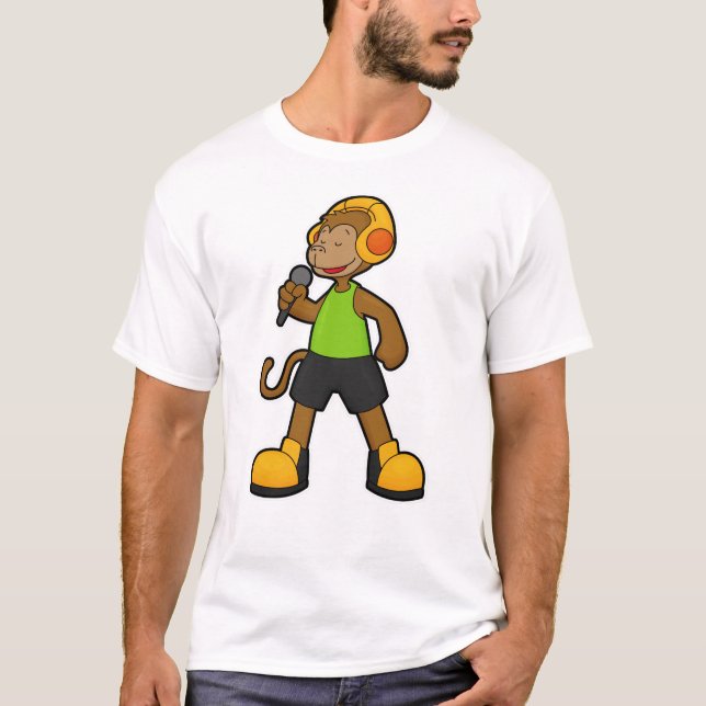 Camiseta Macaco como cantor com microfone e fone de ouvido (Frente)