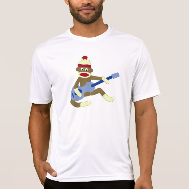 Camiseta Macaco da peúga que joga a guitarra azul (Frente)