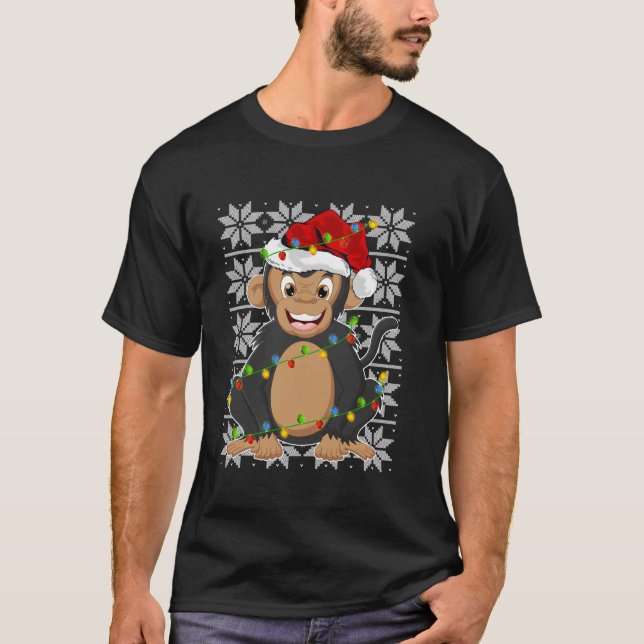 Camiseta Macaco das Luzes de Natal Reindeer Santa Hat Macac (Frente)