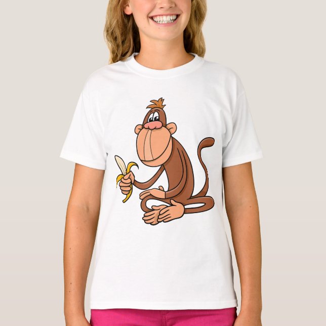 Camiseta Macaco de desenho animado fofo com banana animal e (Frente)