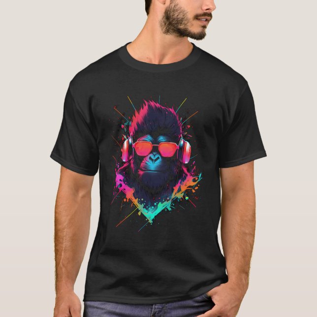 Camiseta Macaco Dj Com Fones de ouvido E Óculos De Sol Disc (Frente)