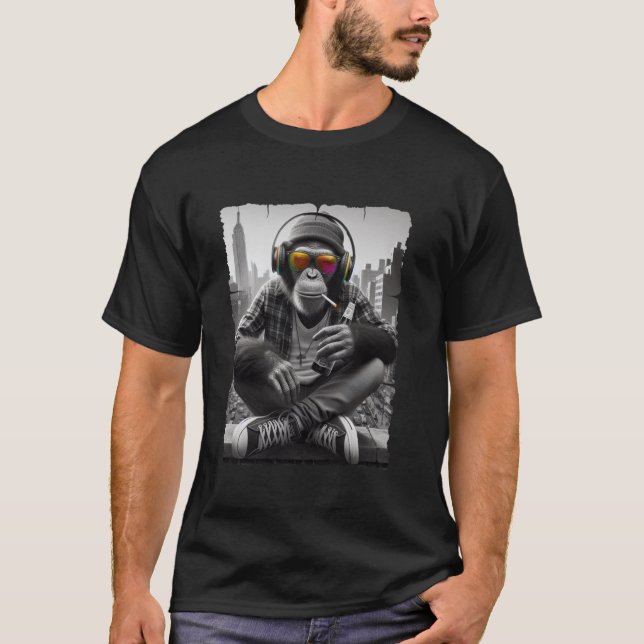 Camiseta Macaco DJ com Fones de ouvido Hipster de impressão (Frente)