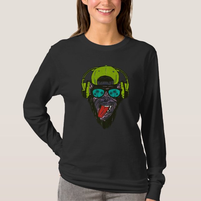 Camiseta Macaco Dj De Headphones Óculos De Sol Rave Techno  (Frente)
