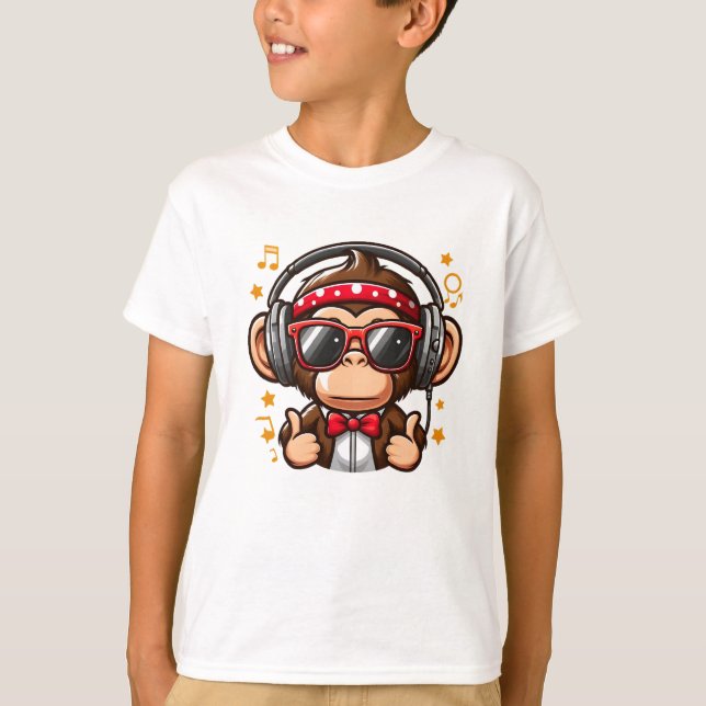Camiseta Macaco DJ Fofo com Fones de Ouvido para Crianças (Frente)