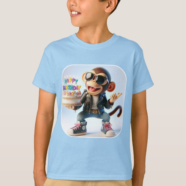 Camiseta Macaco em um Casaco de Couro, Feliz Aniversário, p (Frente)