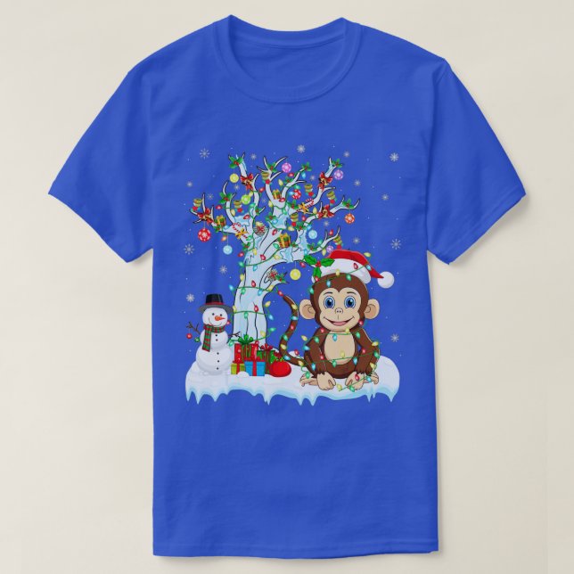Camiseta Macaco Engraçado Árvore Xmas Iluminando Santa Hata (Frente do Design)