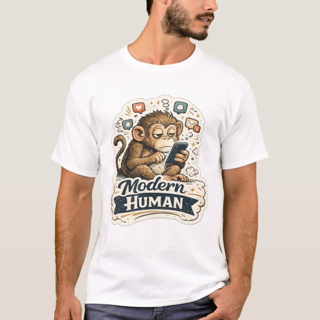 Camiseta Macaco Engraçado Humano Moderno Smartphone Mídia S (Frente)