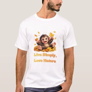 Camiseta Macaco Fofo Feliz Brincando em Folhas de Outono Ca