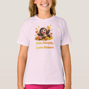 Camiseta Macaco Fofo Feliz Brincando em Folhas de Outono Ca
