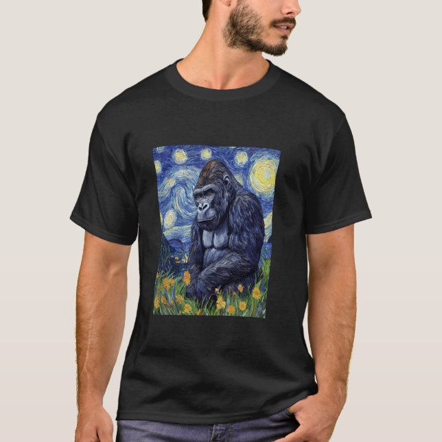 Camiseta Macaco Gorila Estilo Van Gogh  Gráfico da Noite Es (Frente)