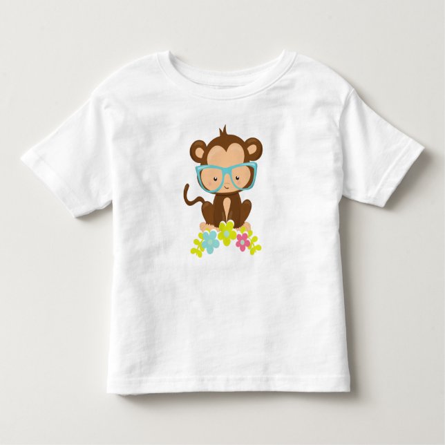 Camiseta Macaco hipster, Macaco Com Óculos, Flores (Frente)