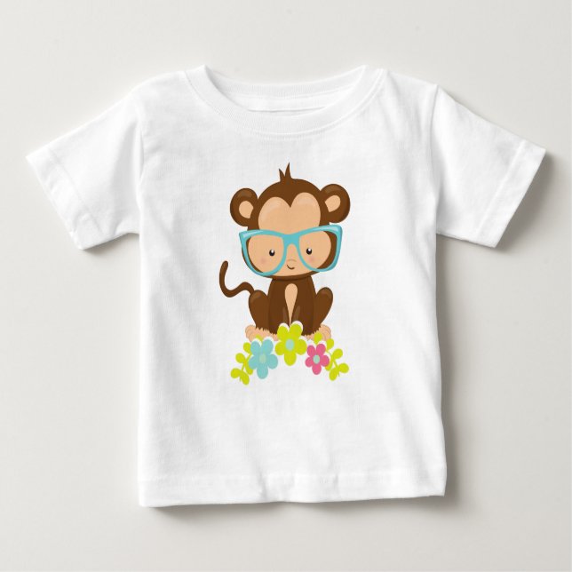 Camiseta Macaco hipster, Macaco Com Óculos, Flores (Frente)