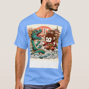 Camiseta Macaco Kawaii Cute vs Dragão no Japão Classe Pagod