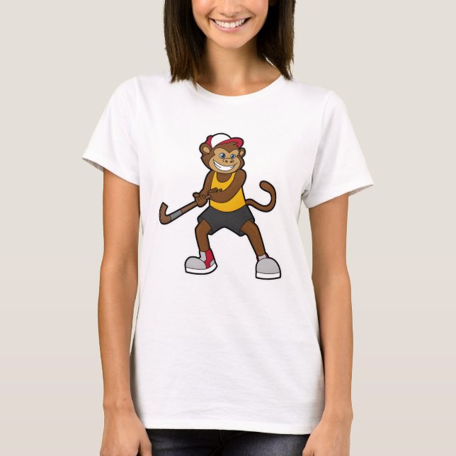 Camiseta Macaco no Hockey com palito de Hockey (Frente)