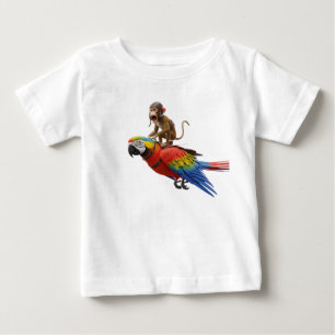 Camiseta Macaco Piloto Engraçado Montando uma Arara Escarla