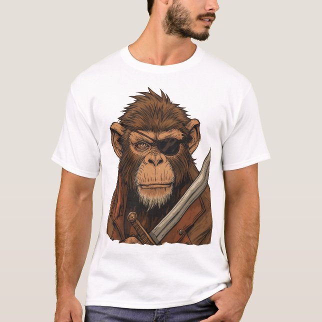 Camiseta Macaco Pirata com Espada - Arte de Aventura Negada (Frente)
