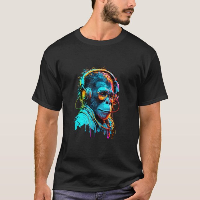 Camiseta Macaco Techno Disco Rave DJ Macaco Fones de Ouvido (Frente)