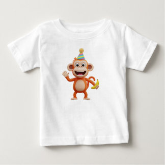 Camiseta Macaco Vestindo Chapéu de Festa e Segurando uma Ba