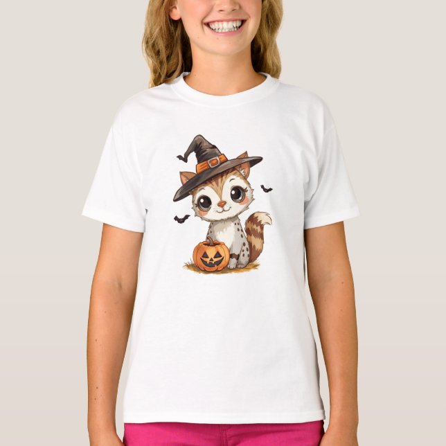 Camiseta Macacões Gatinho Fofo de Halloween com Abóbora (Frente)