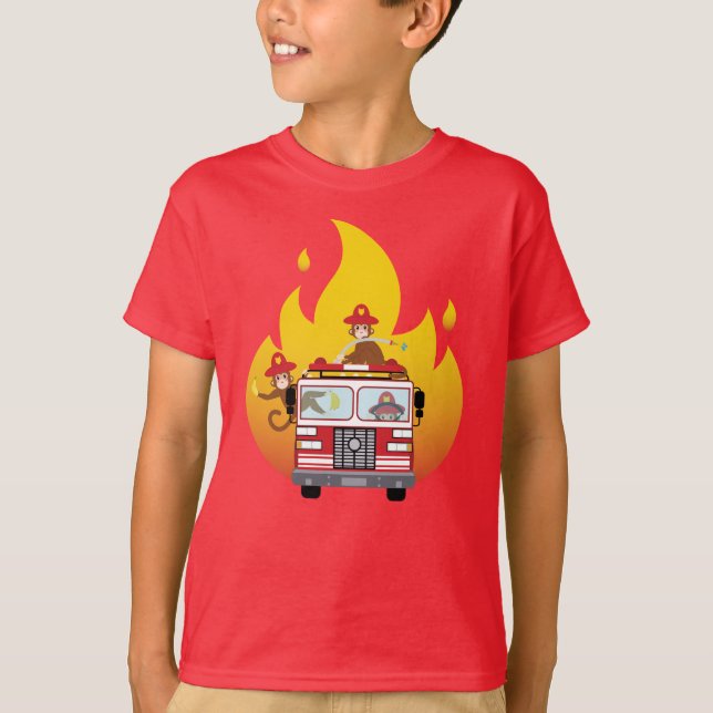 Camiseta Macacos de combate a incêndios num caminhão de inc (Frente)