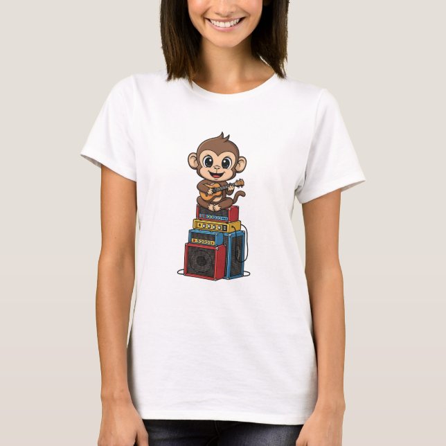 Camiseta Macaquinho Desenhado Fofo Tocando Ukulele (Frente)