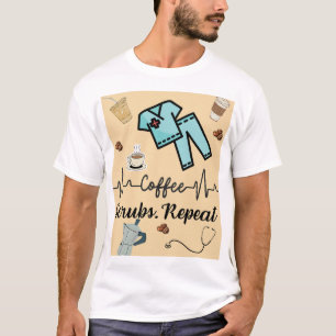 Camiseta Maçãs médicas com as palavras "Café, Esfregões, Re
