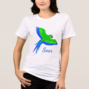 Camiseta Macaw verde e azul em voo
