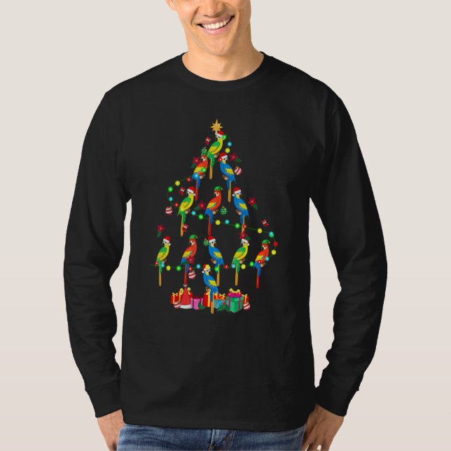 Camiseta Macaws Árvore de Natal Luzes Papais noeis Elf Maca (Frente)