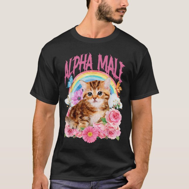 Camiseta Macho Alfa Gato Engraçado Arco-íris Floral (Frente)