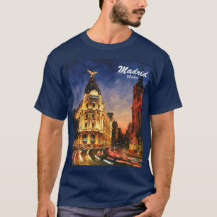 Camiseta Madrid Espanha Gran Via Noite Paisagem Urbana Aqua