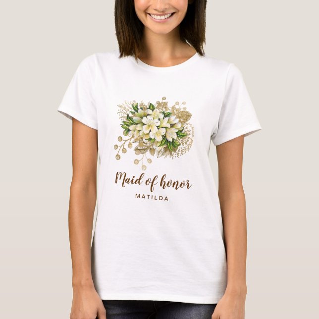 Camiseta Madrinha de casamento floral de ouro moderno elega (Frente)