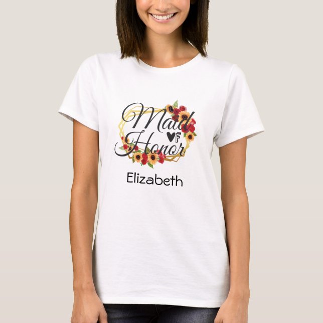 Camiseta Madrinha de casamento Girassóis Rosas Floral Prese (Frente)