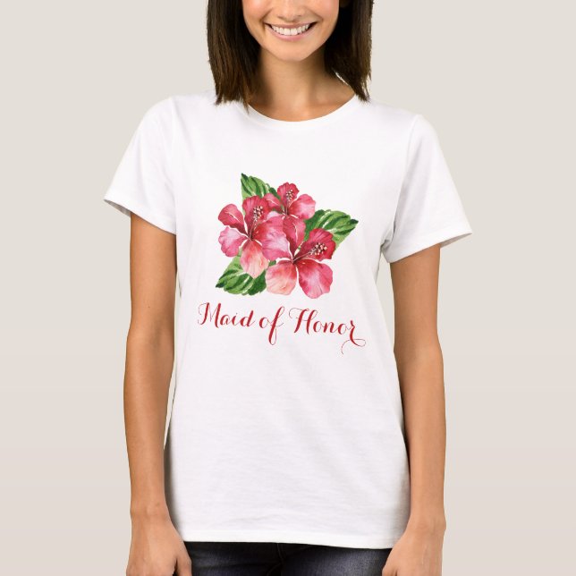 Camiseta Madrinha de casamento Tropical Red Hibiscus (Frente)