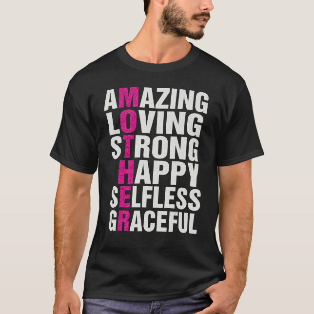 Camiseta Mãe Acrônimo Adorável Forte e Feliz Mãe (Frente)