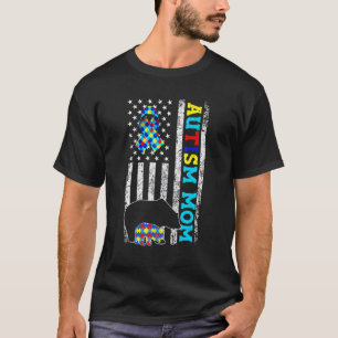 Camiseta Mãe Autismo Consciência Americana Bandeira Ursinho