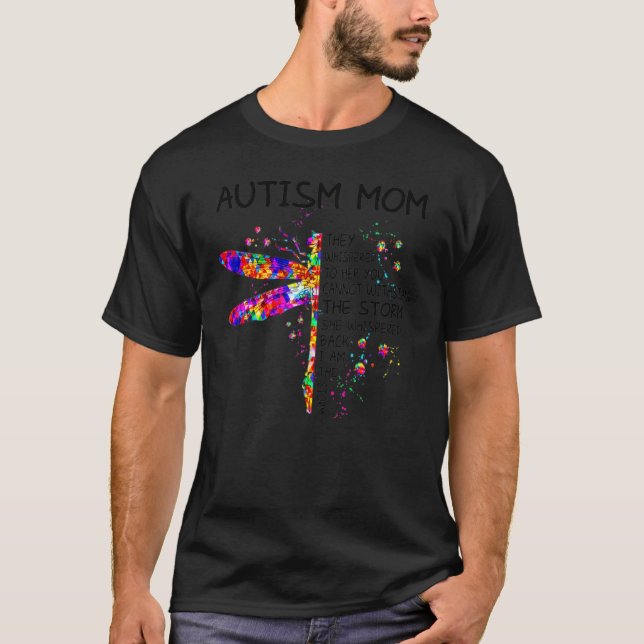 Camiseta Mãe Autismo Libélula Coque Desarrumado Dia de Cons (Frente)