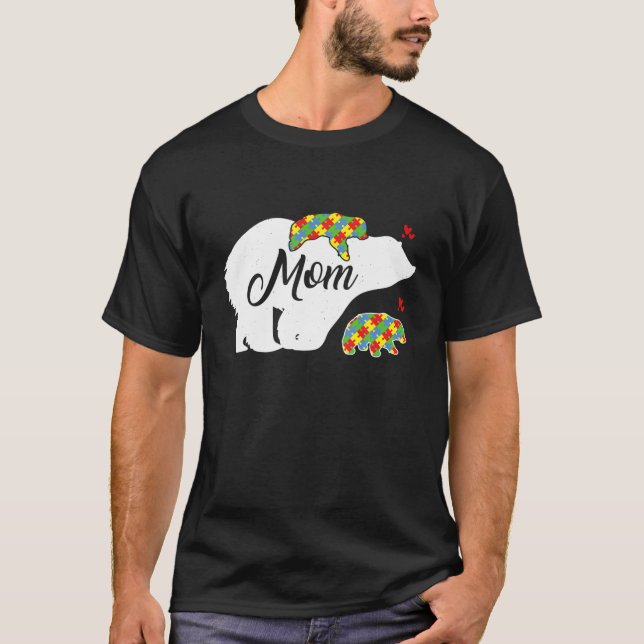 Camiseta Mãe Autismo Quebra-cabeça de Consciência Ursa Mãe  (Frente)