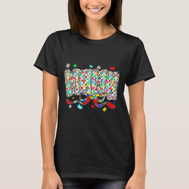 Camiseta Mãe autista mama leopardo xadrez peça de quebra-ca (Frente)