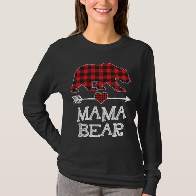 Camiseta Mãe Bear Natal Pajama Red Xadrez Buffalo Família (Frente)
